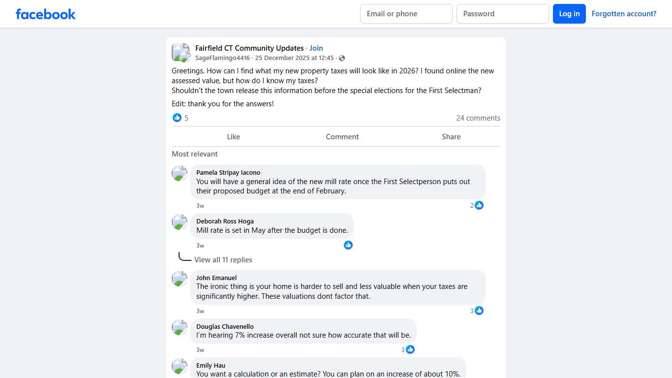 Fairfield CT Community Updates | Greetings. How can I find what my new property taxes will look like in 2026 | Facebook